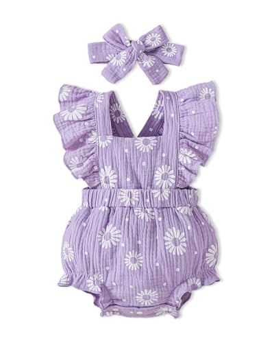 PaPaai Sara Baby Girl Clothes 6-12 Months Girl Outfits Infant Girl Outfit Summer Jumpsuit Sleeveless Set Ruffle Floral Printing Romper+Cute Headband Purple