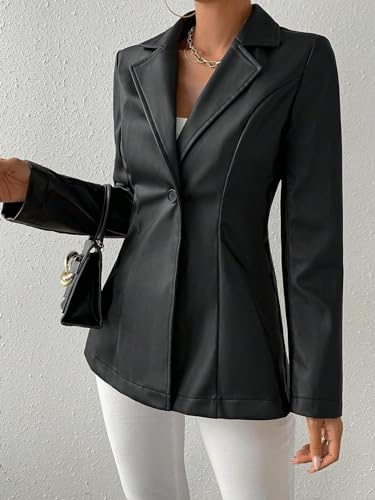 WDIRARA Women's PU Leather Single Button Blazer Long Sleeve Lapel Neck Fitted Motorcycle Coat Outerwear4
