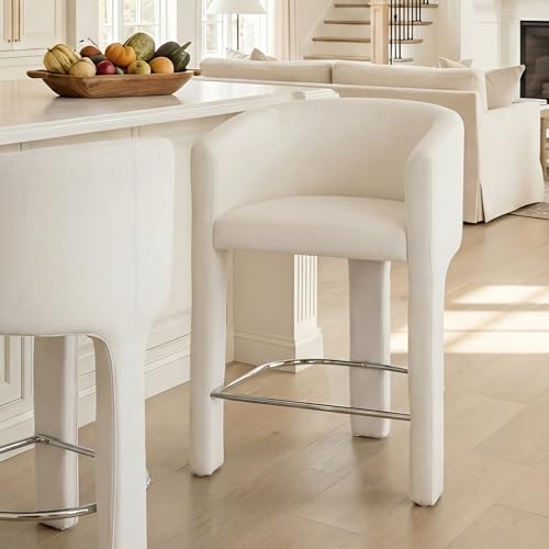 Image of HNY Modern Barrel Bar Stool, 26 Inch Upholstered Velvet Counter Height Barstool with Back and Armrests, for Kitchen Island, Home Bar, Dining Room, No Assembly, Cream