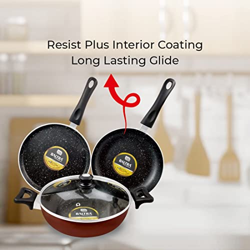 Image of BALTRA Induction Base Non-Stick Cookware Set 4 Pieces (1-Piece Non-Stick Kadhai (26cm) with Lid, 1-Piece Non-Stick Fry Pan (24cm), 1-Piece Non-Stick Dosa Tawa (24cm)) Red (BTN-211)