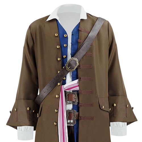 GVLAQST Men Pirate Costume Jack Sparrow Coat Vest Sash Pants Belt Goatee Beads Halloween Renaissance Party Outfit Brown 2XL by GVLAQST - Image 2