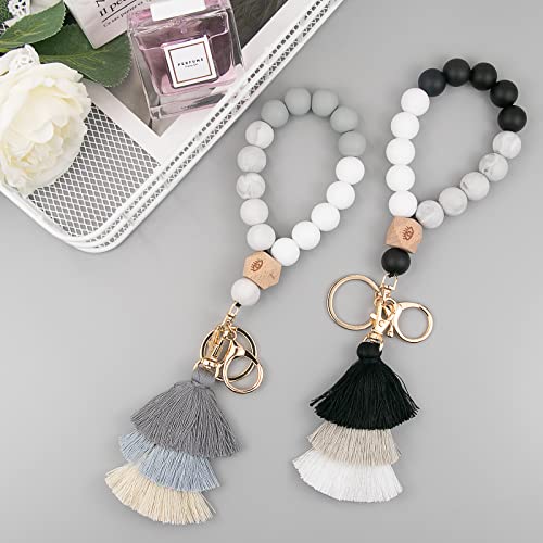 Bisanzoya Beaded Keychain With Tassel, Silicone Key Ring Bracelet, Boho Car Key Chain Wristlet Cute Tassel For Women And Girls (White Marble) #TOP5