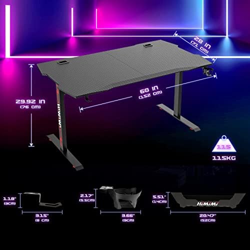 Himimi 60'' Gaming Desk, 152 x 71 x 76cm Ergonomic PC Computer Gaming Desk, T-Shaped Home Office Game Table Gamer Workstation with Carbon Fiber Surface, Large Mouse Pad, Cup Holder & Headphone Hook