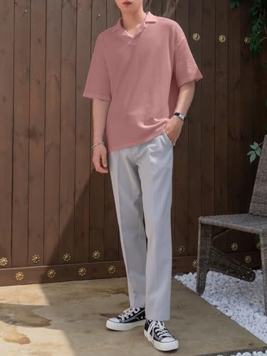 Image of Men's Textured Waffle Knit Polo T-Shirt | Relaxed Fit Half Sleeve Collared Tee | Soft Breathable Casual Summer T-Shirt