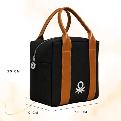 Image of United Colors of Benetton Lunch Bag for Women & Men, Insulated Bag, Tiffin Lunch Bag for Office /College /School, Bottle Holder, Lightweight, Durable Handles, Multiple Pockets (Black)