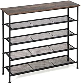 CASART 5 Tier Shoe Racks, Industrial Shoes Storage Stand with Metal Shelves, Wooden Top Hallway Shoe Shelf Organiser for Living Room Entryway