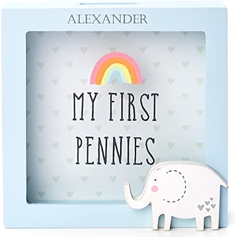 Personalised Money Box Frame Blue My First Pennies1st Piggy Bank Wooden Gift for Baby Boy Cover
