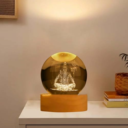 Image of 3D Mahadev Crystal Ball LED Night Lamp, Lord Shiva Design with Wooden Base, Spiritual Table Lamp for Home Temple, Gift for Devotees (Mahadev)