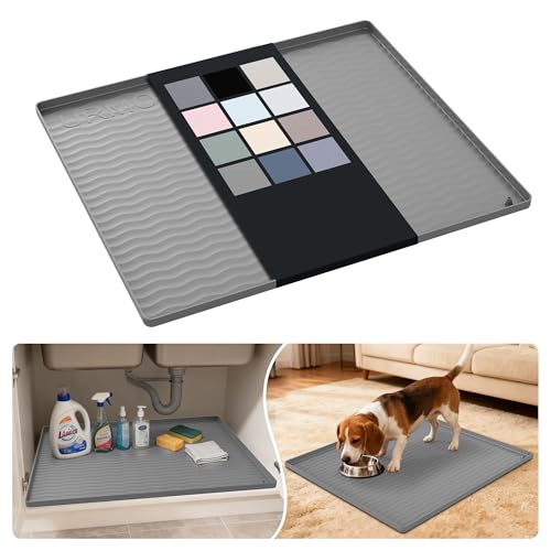 Image of URMONA Waterproof Silicone Under Sink Mat 25'' x 22'' Shelf Liner for Kitchen and Bathroom, Cabinet and Counter Protector, Storage and Organizers, Litter Mat, Pet Cat Puppy Essentials(Beige)