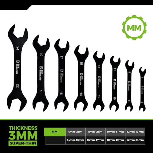 Image of Der Erwachte Super-Thin Open End Wrench Set, Metric, 8-Piece,6mm to 24mm, Black Electrophoretic Coating, with Rolling Pouch