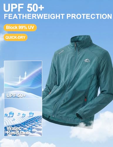 Image of Venzina Sunscreen Jacket for Men Sunproof Jacket for Men UPF 50+ Slim Fit Stand Collar Wind Resistant Packable Breathable Quick Dry Running Bike Outdoor Sports Blue L