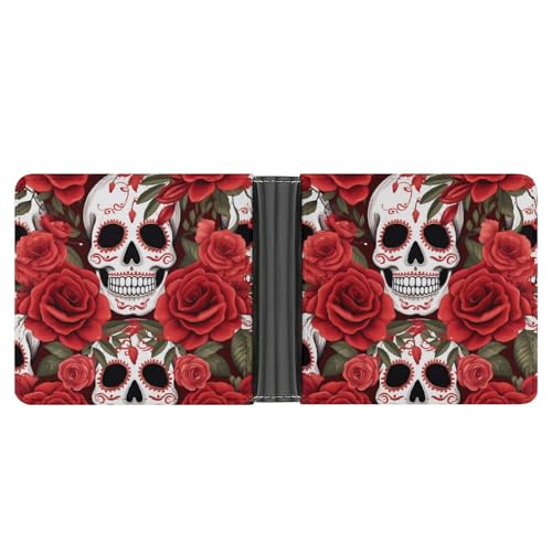 Sugar Skulls Red Roses Funny Men's Slim Bifold Wallet with Multiple Card Slots Front Pocket Purse
