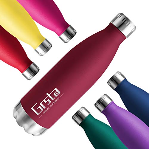 Grsta Thermoskanne 0,5 Liter, Trinkflasche Schule, Kaffeebecher, Trinkflasche Edelstahl, Auslaufsichere, Sport, Kohlensäure geeignet, Trinkflasche Fahrrad 500ml, 24H Kühlen-12H Warmhalten, BPA-Frei Cover