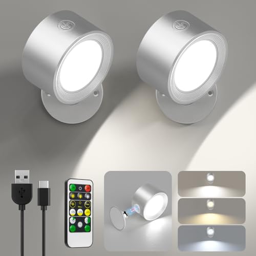Image of Racokky LED Wall Sconces 2 Pcs with Remote, Wall Lights 3000mAh Rechargeable Battery Operated, 3 Color Temperatures & Dimmable Wall Lamp Magnetic 360 Rotation Light for Bedroom Living Room(Silver)