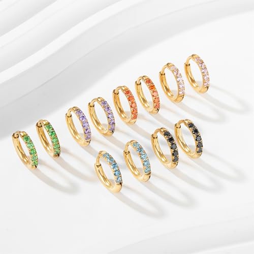 Image of Hypoallergenic Unisex Surgical Steel Small Cubic Zirconia Huggie Hoop Earring, Color Gold - Silver - Rose Gold - Black - Rainbow, Size 6mm- 12mm Safe for Sensitive Ear