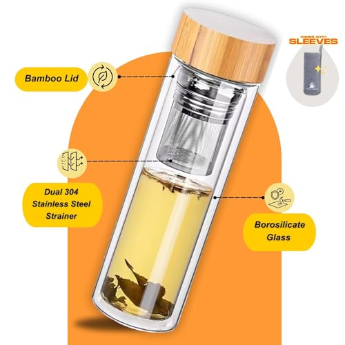 15oz Double Wall Glass Water Bottle with Bamboo Lid and Tea Infuser – Insulated, Leak-Proof, and Eco-Friendly Travel Tea Mug with Filter for Hot or Cold Beverages by Filtered Blend - Image 2