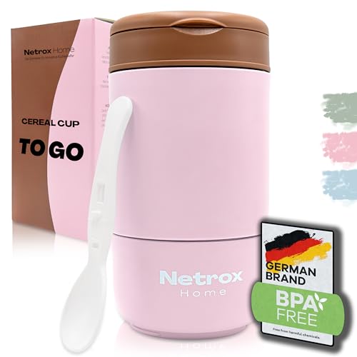 NetroxHome - Taza Cereales con Cuchara para Llevar, Taza de Yogur de Acero Inoxidable a Prueba de Fugas, Fiambrera - para Yogur Porridge - rosa
