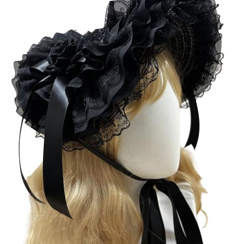 Chapeau de paille avec dentelle motif série sombre et grand nœud élégant