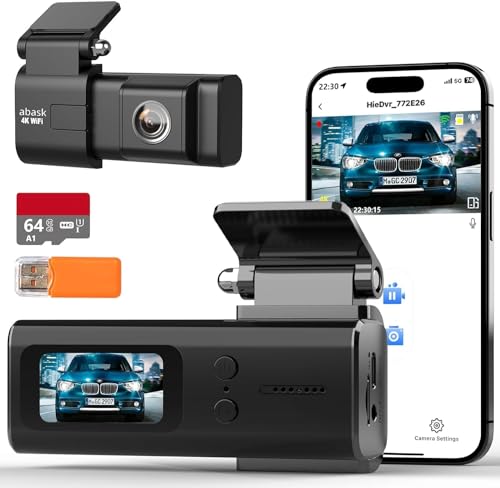abask Dashcam Voiture Avant, 4K WiFi Camera Embarquée Voiture avec Application IPS 1.45', Caméra...