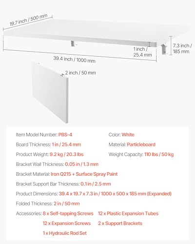 Image of VEVOR Wall Mounted Folding Table, 39.4 x 19.7 inches Wall Mount Table, Floating Desk with Iron Bracket for Small Spaces, Home Office, Dining, Laundry Room, Kitchen, Bar, White
