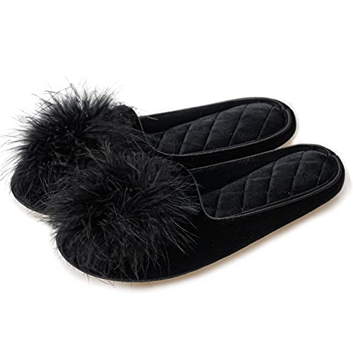 GRITHEIM Women's Fuzzy Pom Pom Feather Velvet House Slippers Sexy Cozy Bedroom Slippers for Ladies Non-slip Sole Indoor Outdoor Black 7-8