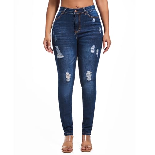 FISCLOSIN Women's Ripped Stretch Mid Waist Jeans Butt Lifting Distressed Skinny Denim Pants