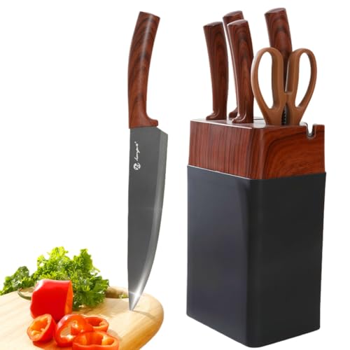 Kezidhp Ensemble de 7 Couteaux de Cuisine avec Bloc - Lames en Acier Inoxydable Aiguisées, Manches Ergonomiques Antidérapants - Couteaux Professionnels pour Chef à Domicile