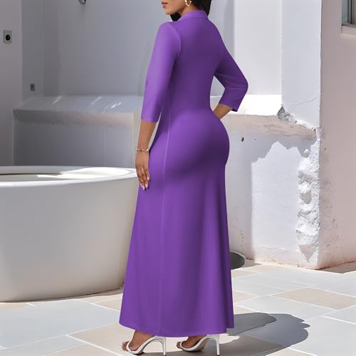 Image of PinkPatty Women's Casual 3 /4 Sleeve Polo V Neck Bodycon Maxi Dress | Semi formal, modest style, long fitted, versatile for church, work, business, office and daily wear