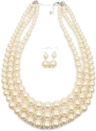Women's Simulated Pearl ResinThree Multi-Strand Statement Necklace and Earrings Set (White)