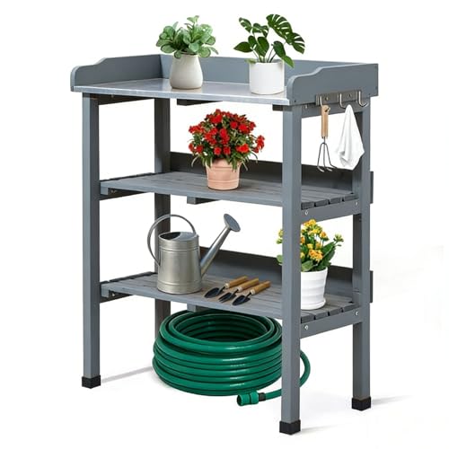 Bonnlo Wooden Potting Table with Metal Tabletop Potting Bench with Tool Hooks & Storage Shelves Planting Work Station for Greenhouse (Grey)