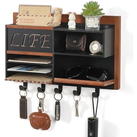 QILICHZ Key and Mail Holder for Wall,Wood Key Holder on Wall,Mail and Key Organizer for Wall with 5 Key Hooks,Decorative Key Holder Wall Mount,for Mail Envelope Letter Key Cover