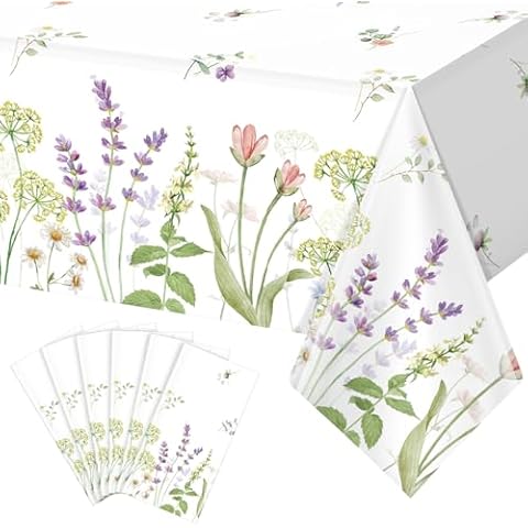 6 Pack Spring Floral Tablecloth, Summer Wildflower Plastic Table Cover for Rectangle Tables, Flower Holiday Disposable Table Cloth for Easter Birthday Picnic Wedding Tea Party Decorations, 54×108 Inch Cover
