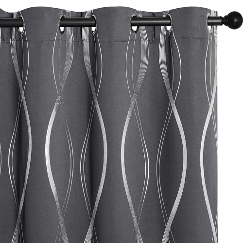 NICETOWN Grey Blackout Floral Pattern Curtains for Living Room 84 inch Long 2 Panels Set, Noise Reducing Thermal Insulated Wave Line Foil Print Bedroom Drapes for Patio Sliding Glass Door (52 x 84)