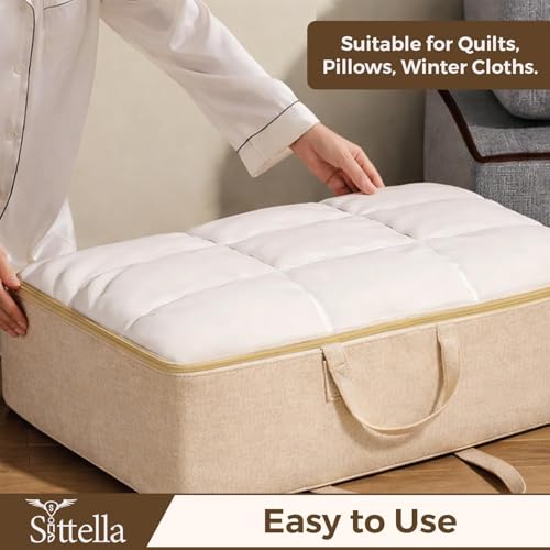 Image of SITTELLA 3 Pack Large Foldable Storage Bags 79 L | Fabric Storage Organizer Box with Zip | Blanket, Quilt & Household Item Storage | Space Saving Storage Container | Beige