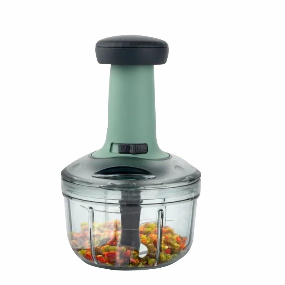 Image of Indigo Manual Food Chopper with Push Handle, 650ml Transparent Container, Sage Green, with 2 Blades