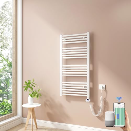 Heilmetz Smart WiFi Badheizkörper Elektrisch 100x50cm Elektrischer Handtuchtrockner mit Thermostat und Timer-Funktion Gerade Handtuchheizkörper Weiß 500W
