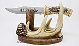 Carved Handle Decorative Deer Buck Blade Knife with Faux Antler Display Stand Hunting Cabin Home...