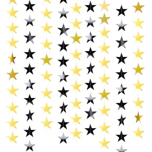 Image of Glitter Star Garland Banner Decor 130 Feet Gold Black Star Garland Hanging Bunting Banner Backdrop for Graduation Wedding Birthday Holiday Party