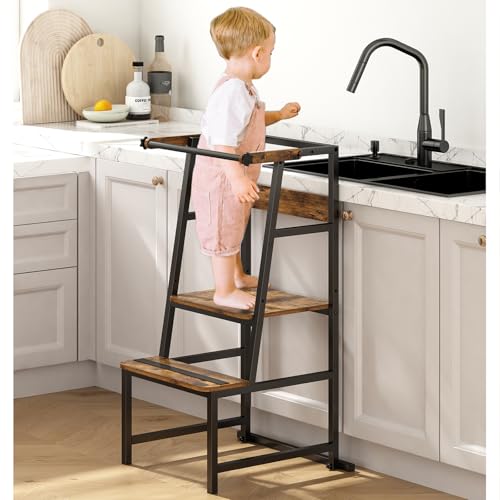 Image of Wisdom Star Foldable Toddler Tower for Kitchen, Step Stool for Toddler Height Adjustable, Stool Helper with Safety Rail, Bathroom Kid Step Stool with Anti-Slip Protection, Counter Learning Tower