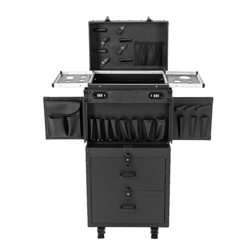 Rolling Makeup Train Case, Professional Makeup Case With Wheels, Metal Cosmetic Storage Organizer Trolley, Hair Styling Nail Tech Travel Make Up Station Cart, Suitable For Beauty Salon, Barbershop