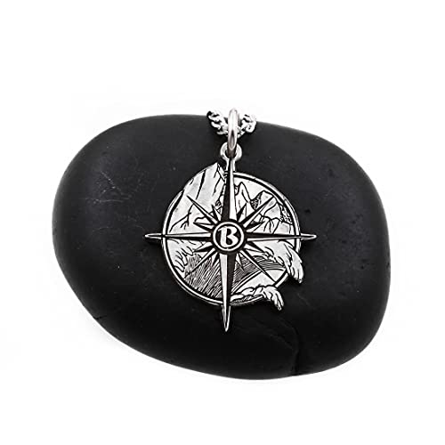 Silver Compass Necklace, Artistic Mountain Scene Engraved into a Silver