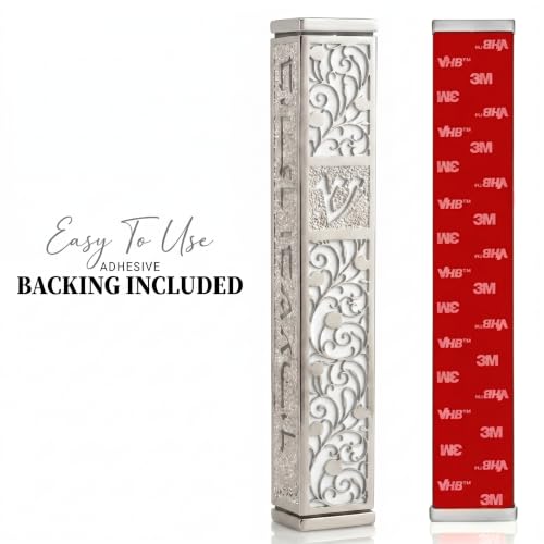 Image of SURI Mezuzah for Door with Scroll, 7 Inch Silver and White Mezuzah Case with Non Kosher Scroll Inside, Fits a up to 6 Inch Scroll, Includes Adhesive and Gift Box