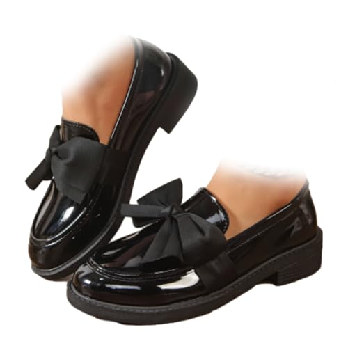 Mocassins orthopédiques à enfiler en cuir verni élégant avec nœud antidérapant pour femme, pour bureau et bureau, Noir , 10 UK Wide