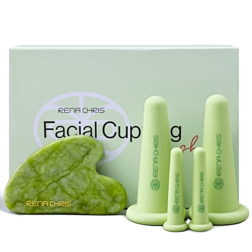Rena Chris Set de Ventosas Faciales & Gua Sha Herramienta-Ventosas de Silicona & Piedra GuaSha de Jade, Para Cuidado Natural de la Piel, Desinflamar y Volumen de Labios (Verde)