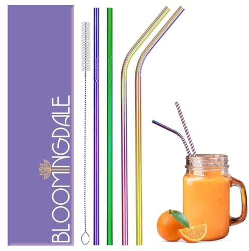 Image of Bloomingdale Stainless Steel Straw Set Reusable Metal Straws with Cleaning Brush Long & Bent Drinking Straw for Bottle, Tumbler, Kids Sipper Rainbow Finish - Pack of 2