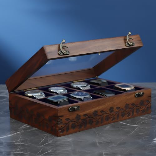 Image of Vintage Wooden Watch Box for Men, Timepiece Storage & Organizer, Display Case, Jewelry Box for Women, Gift for Husband (8 Grooves Engraved (Rosewood))