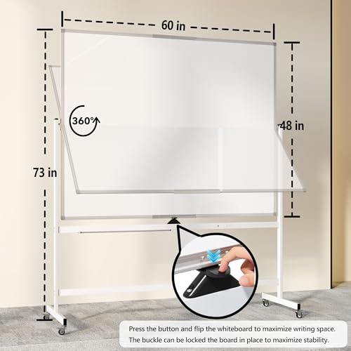Image of Large Rolling Whiteboard on Wheels, 60 inch x 48 inch Double-Sided Mobile White Board with Stand, 5' x 4' Portable Standing Magnetic Dry Erase Board Easel for Home Office Classroom School, Silver