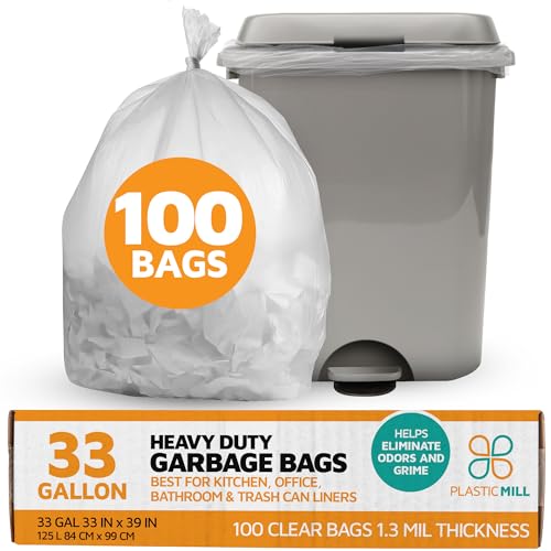 PlasticMill Heavy Duty Trash Bags - Clear Garbage Bags - Plastic Trash Liners - Tall Waste Bags, Trash Can Liners - 33-Gallon Large Kitchen Rubbish Sacs, 1.3 Mil, 33
