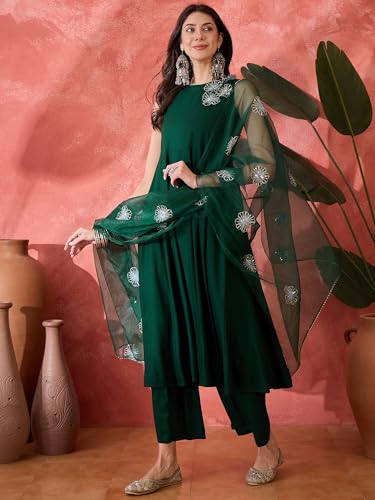 Image of Stylum Women's Solid & Embellished Rayon Flared Kurta Palazzo Dupatta Set