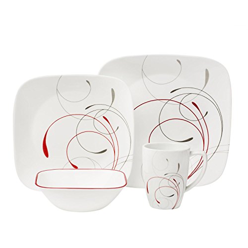 Corelle Vajilla, Vidrio y Porcelana, Rojo y Gris, 16-Piece